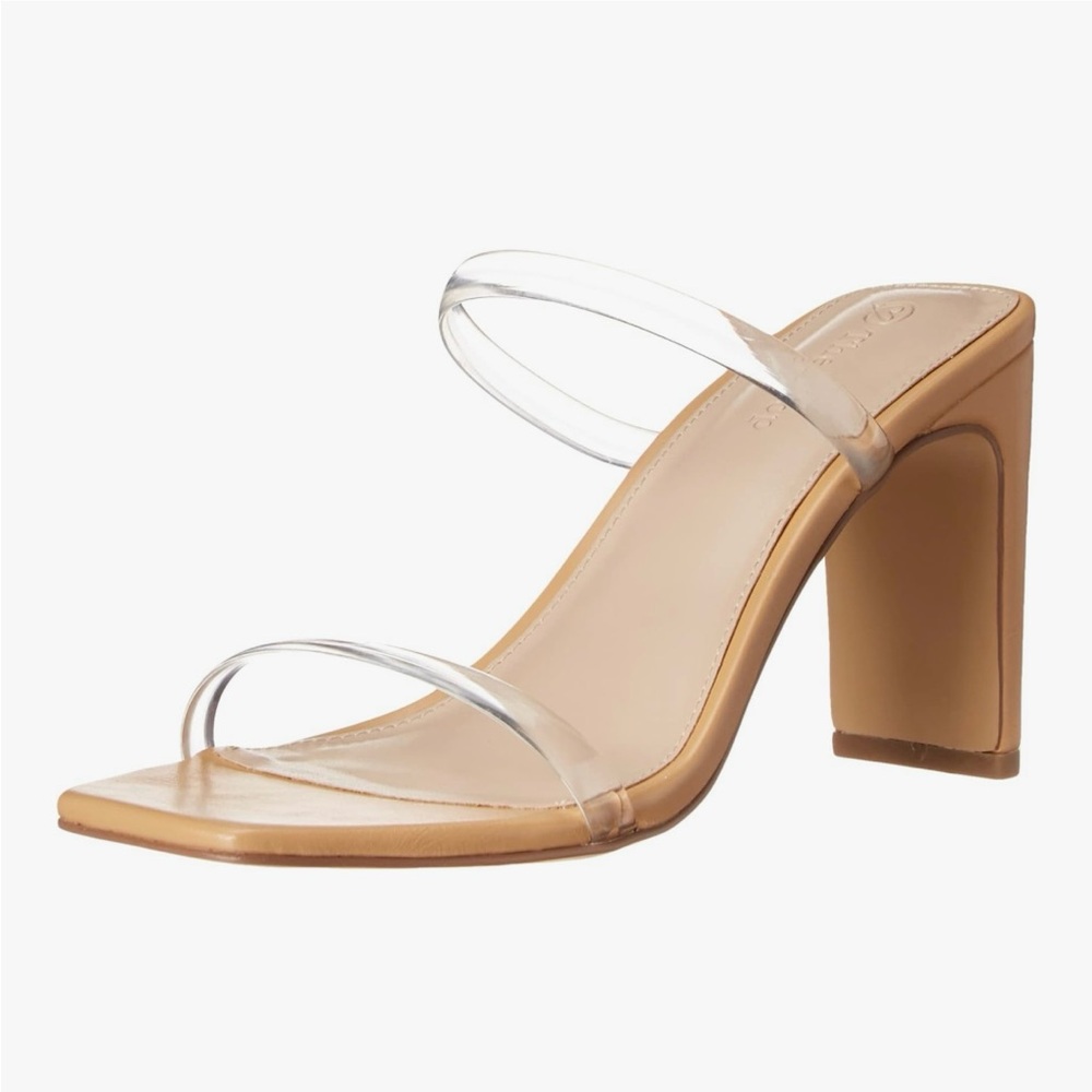 Tan Block Heel Clear Strap Sandals
